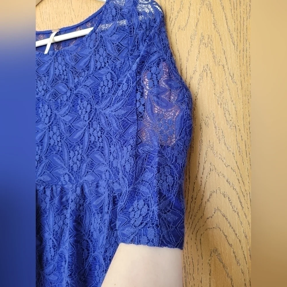 Free People "Shake it up" Mosaic Blue lace 3/4 sleeve flare skater mini … - Picture 7 of 9